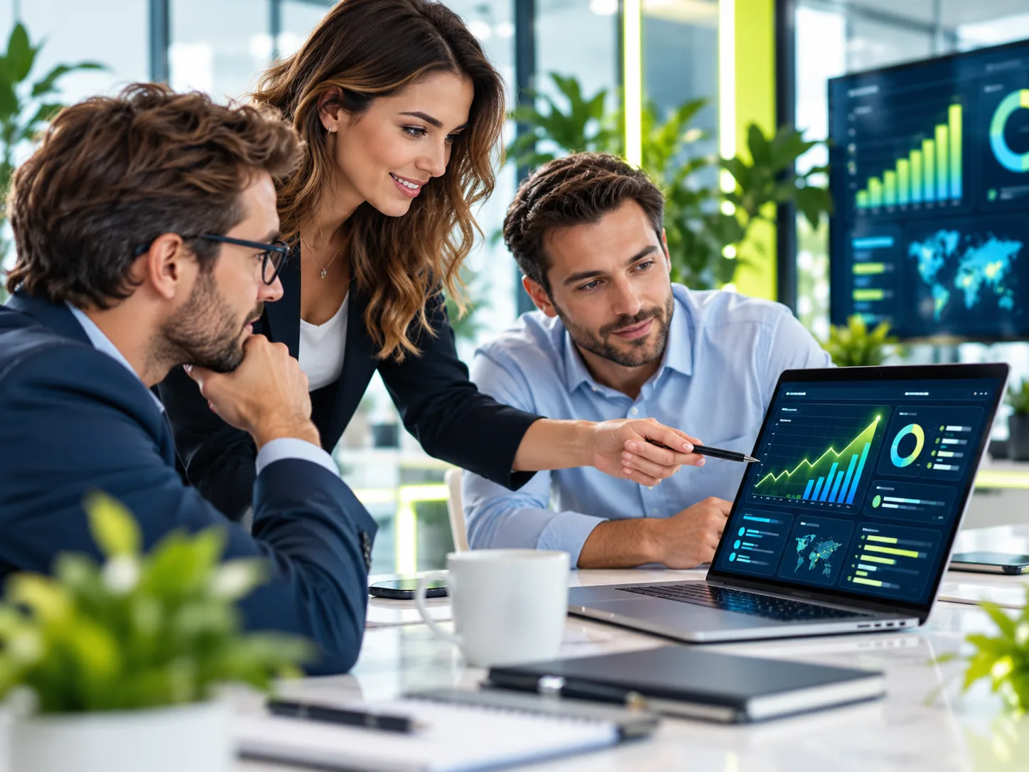 Illustration d'une réunion d'analyse marketing autour d'un tableau de bord