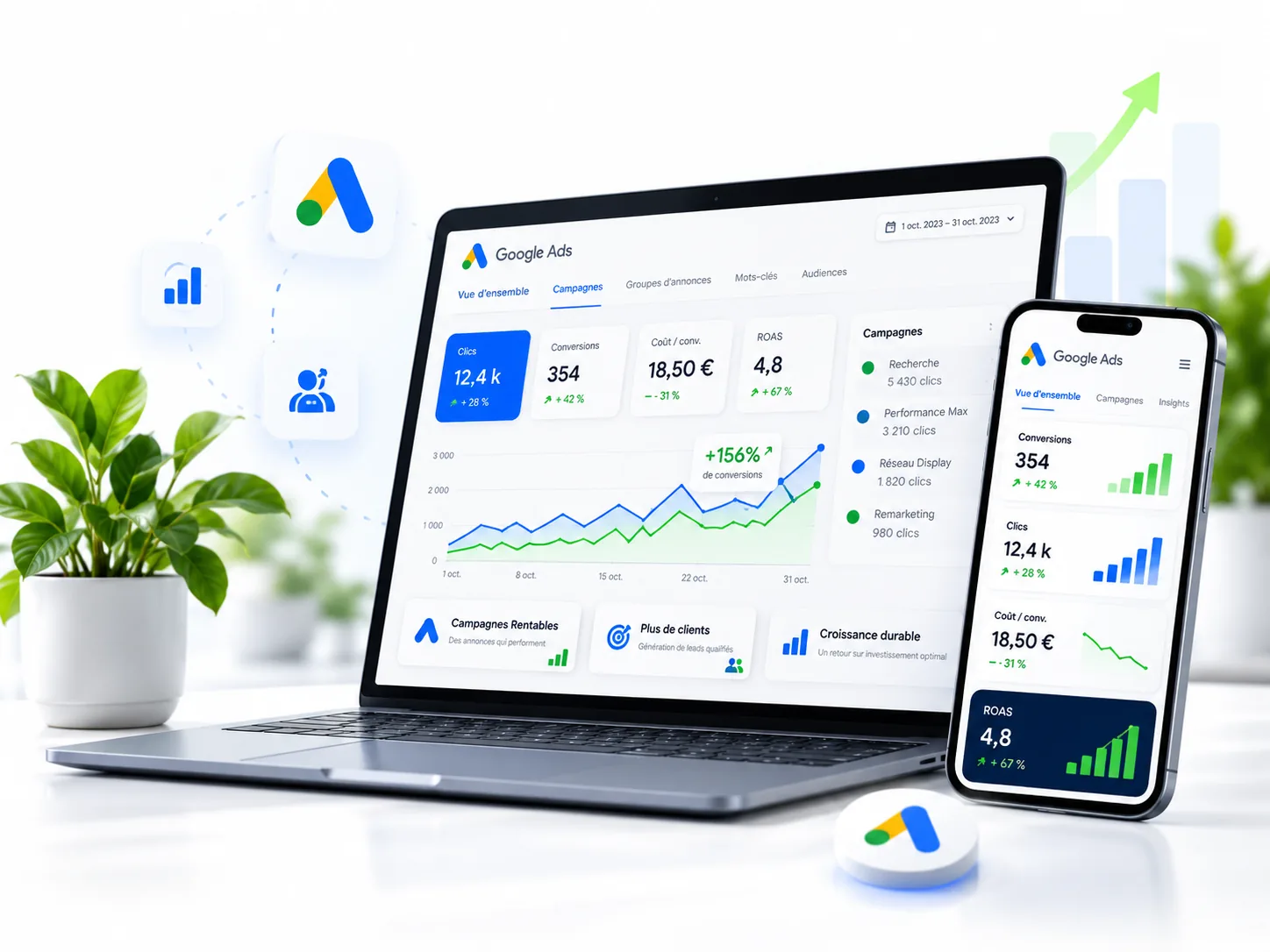 Illustration d'un tableau de bord Google Ads sur ordinateur et smartphone